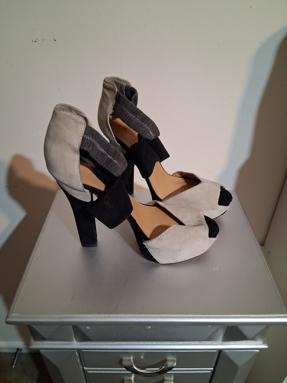 L.A.M.B. Two-Tone Suede Open-Toe Heels in Black & Light Gray